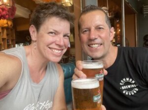 Matt and Jos enjoying cold beers in Singapore